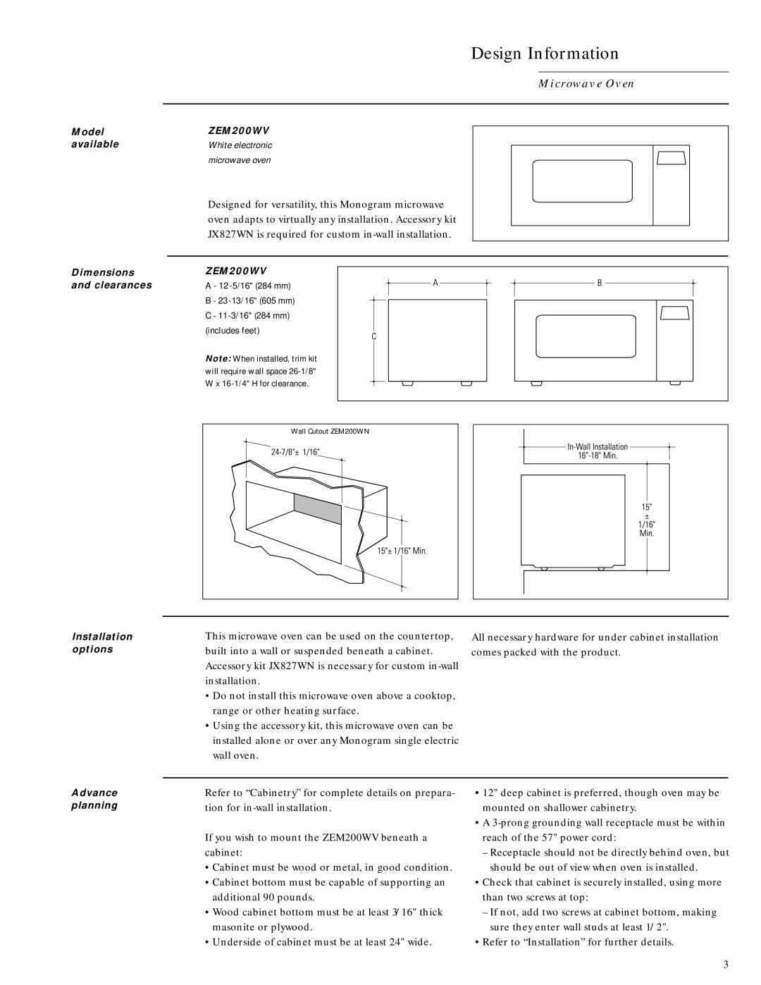 GE Monogram ZEM200WV installation instructions Microwave Oven 