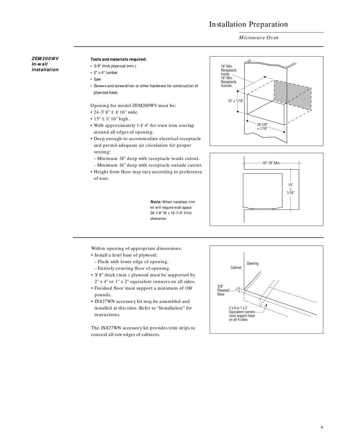 GE Monogram installation instructions Installation Preparation, ZEM200WV In-wall installation 