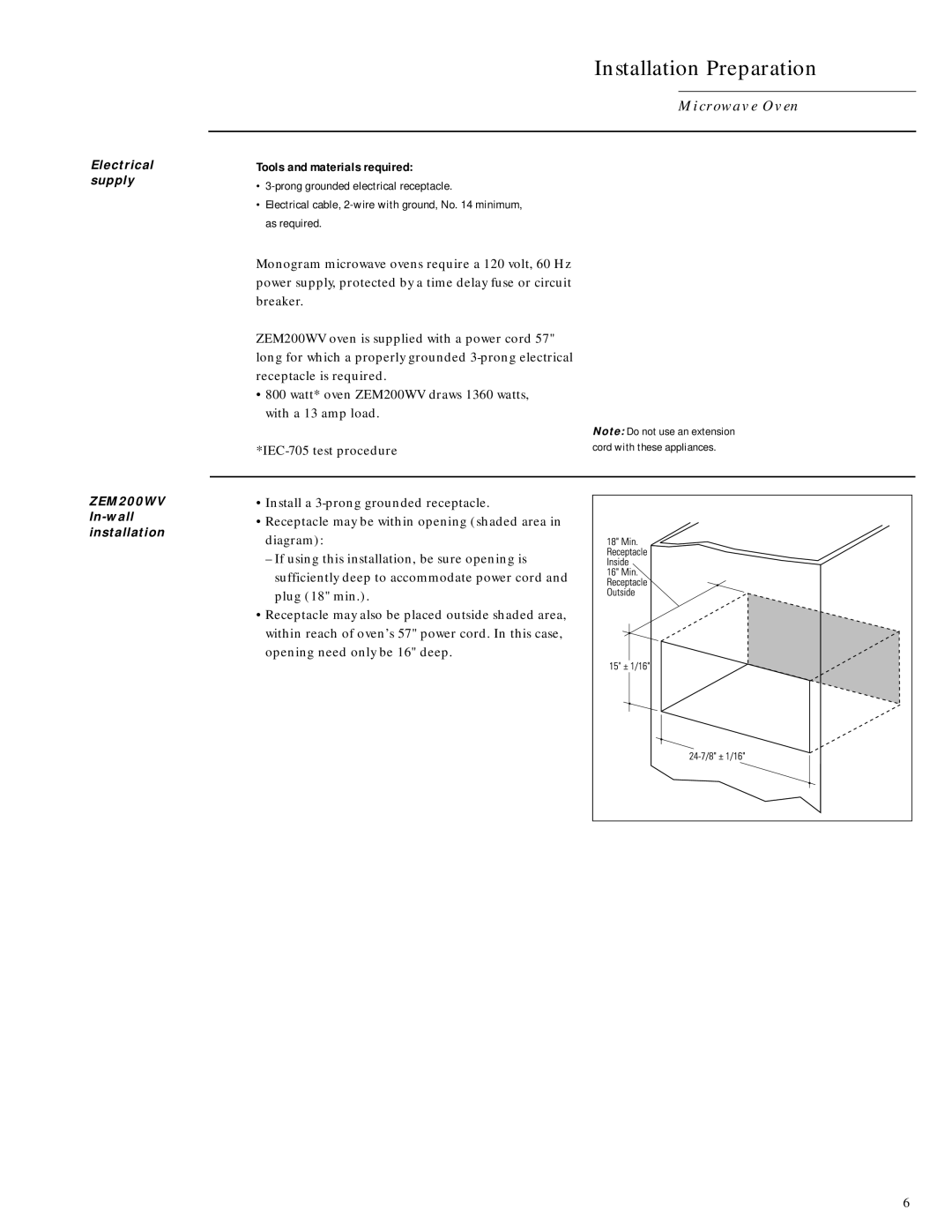 GE Monogram installation instructions Electrical supply ZEM200WV In-wall installation, Cord with these appliances 