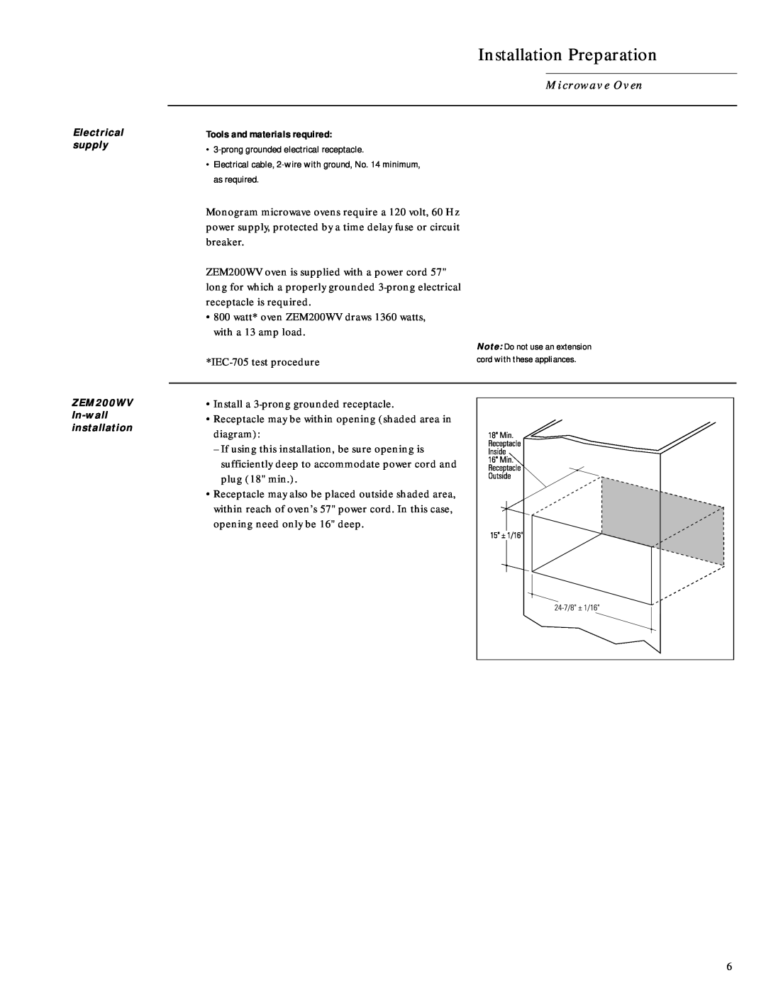 GE Monogram Installation Preparation, Micr owave Oven, Electrical supply ZEM200WV In-wallinstallation 
