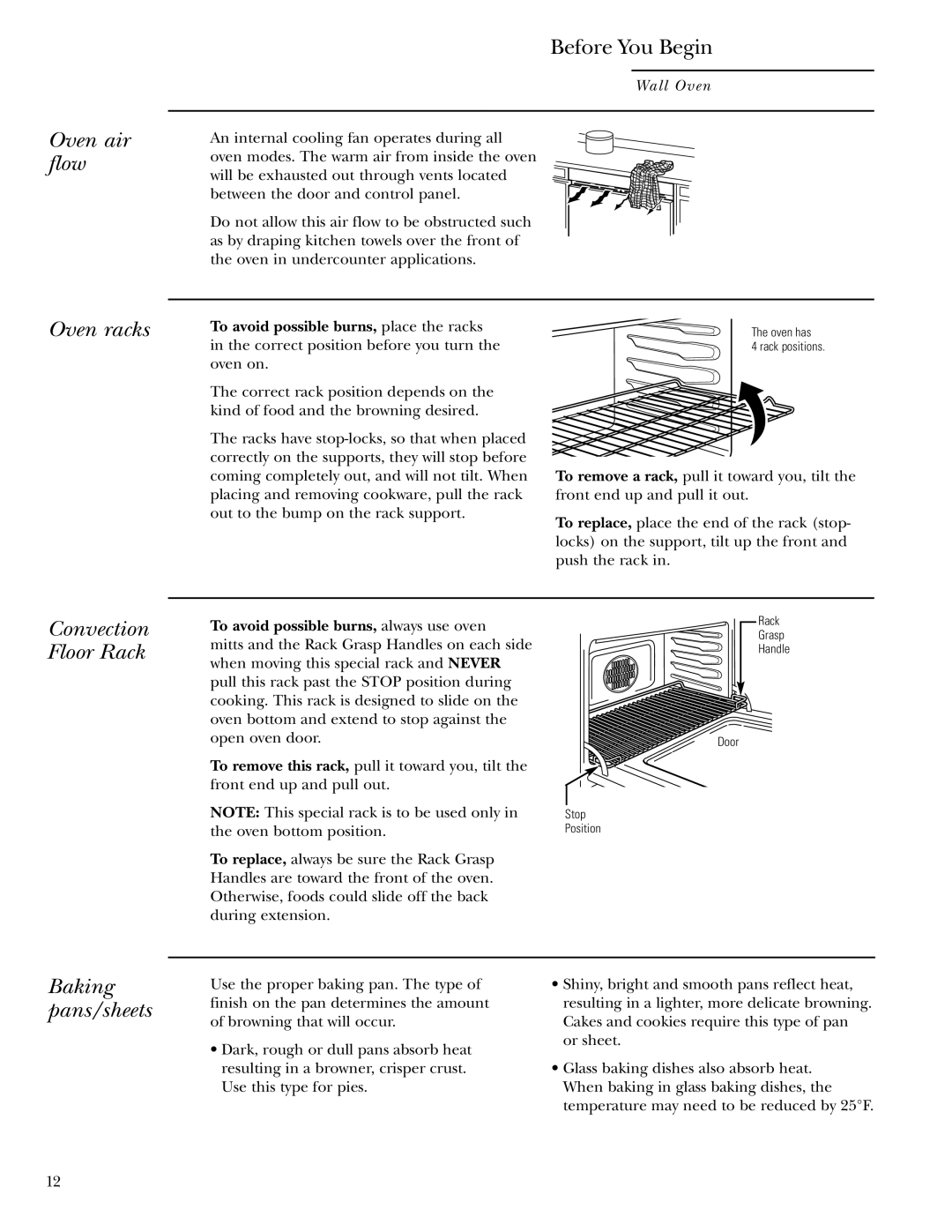 GE Monogram ZET1058, ZET1038 Oven air flow, Before You Begin, Oven racks, Convection Floor Rack, Baking pans/sheets 