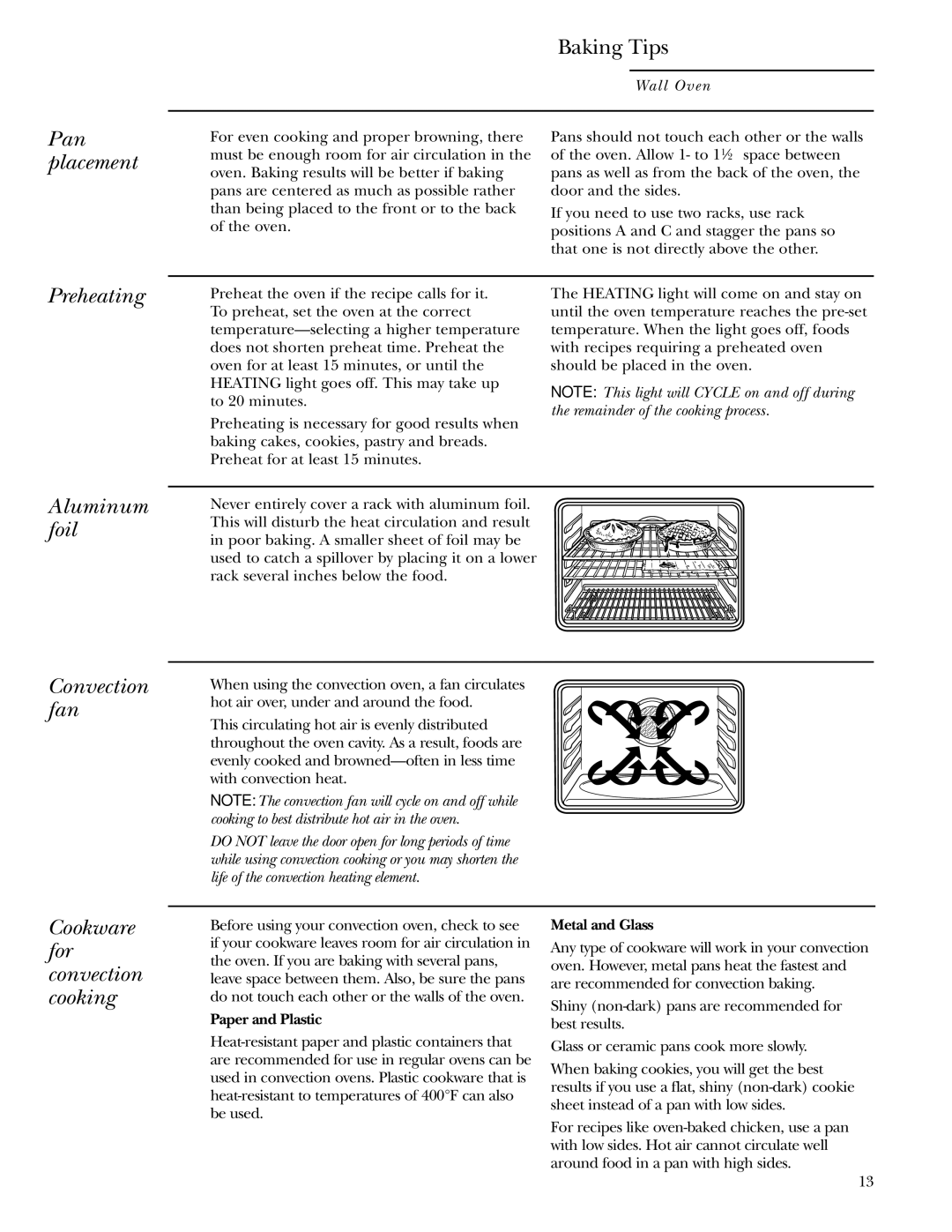 GE Monogram ZET1038 Baking Tips, Pan placement, Preheating, Aluminum foil Convection fan, Cookware for convection cooking 
