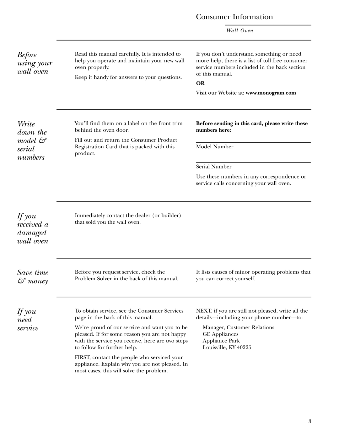 GE Monogram ZET1038, ZET1058 Before using your wall oven, Write down the model & serial numbers, If you need service 