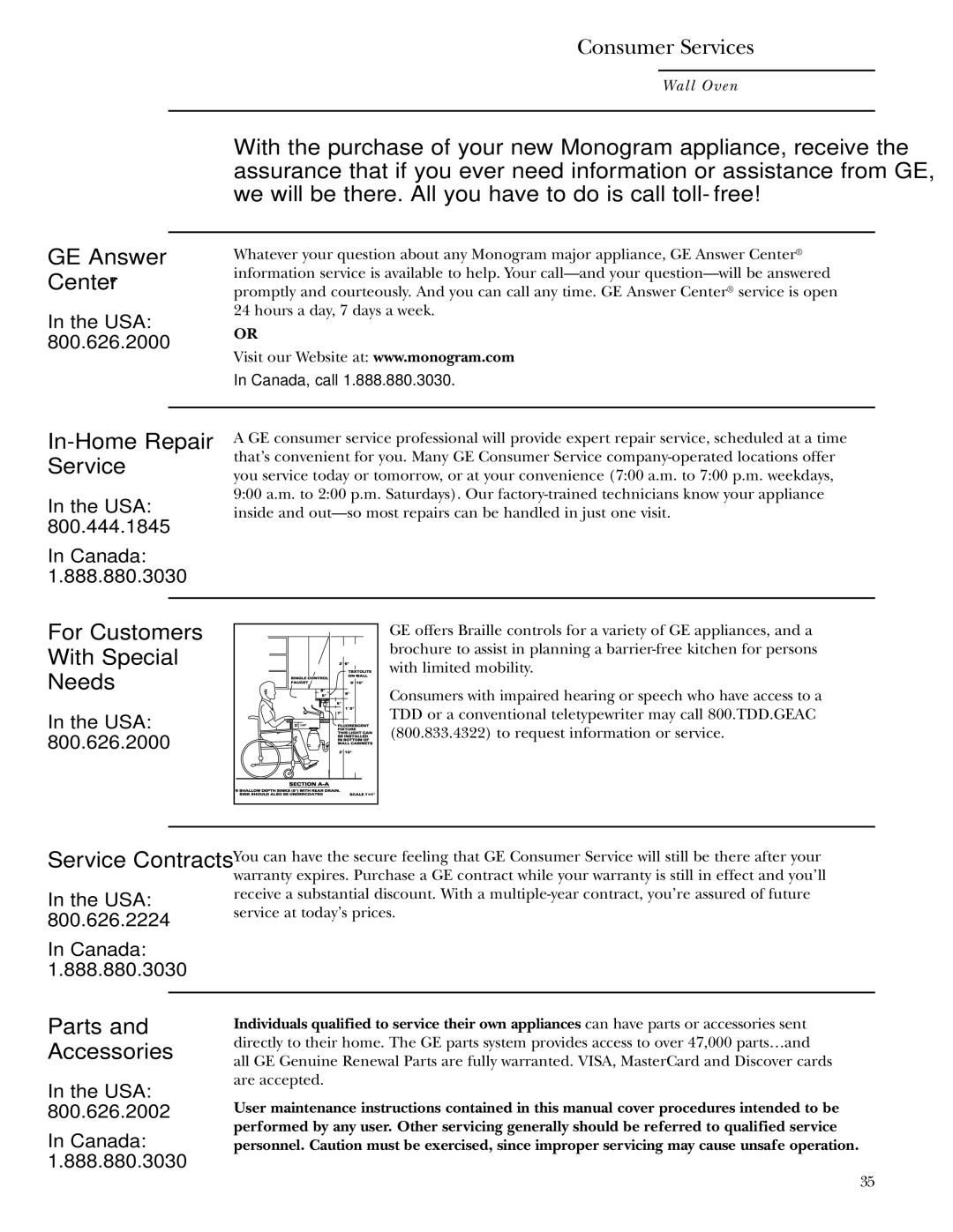 GE Monogram ZET1038, ZET1058 owner manual Consumer Services 