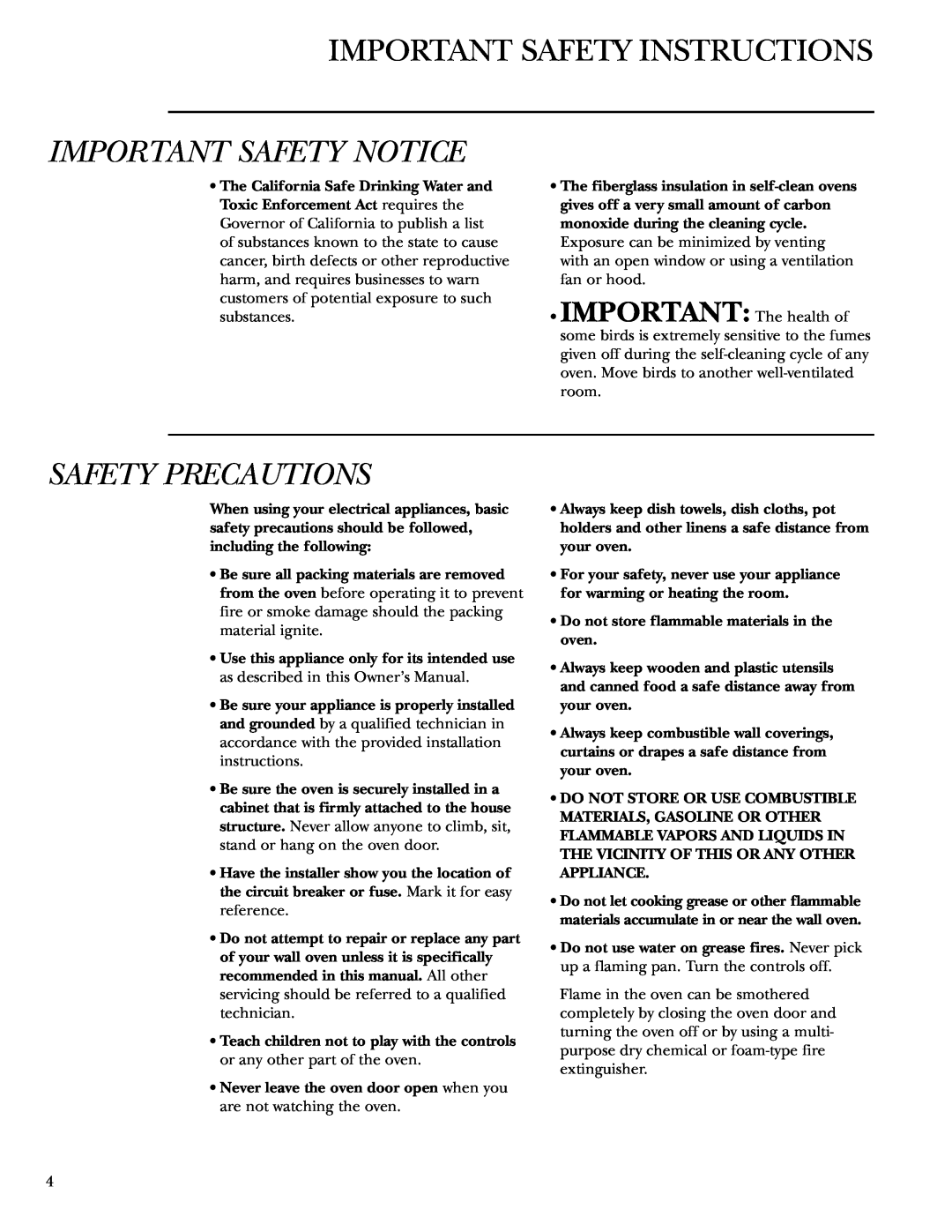GE Monogram ZET1058, ZET1038 owner manual Important Safety Instructions, Important Safety Notice, Safety Precautions 