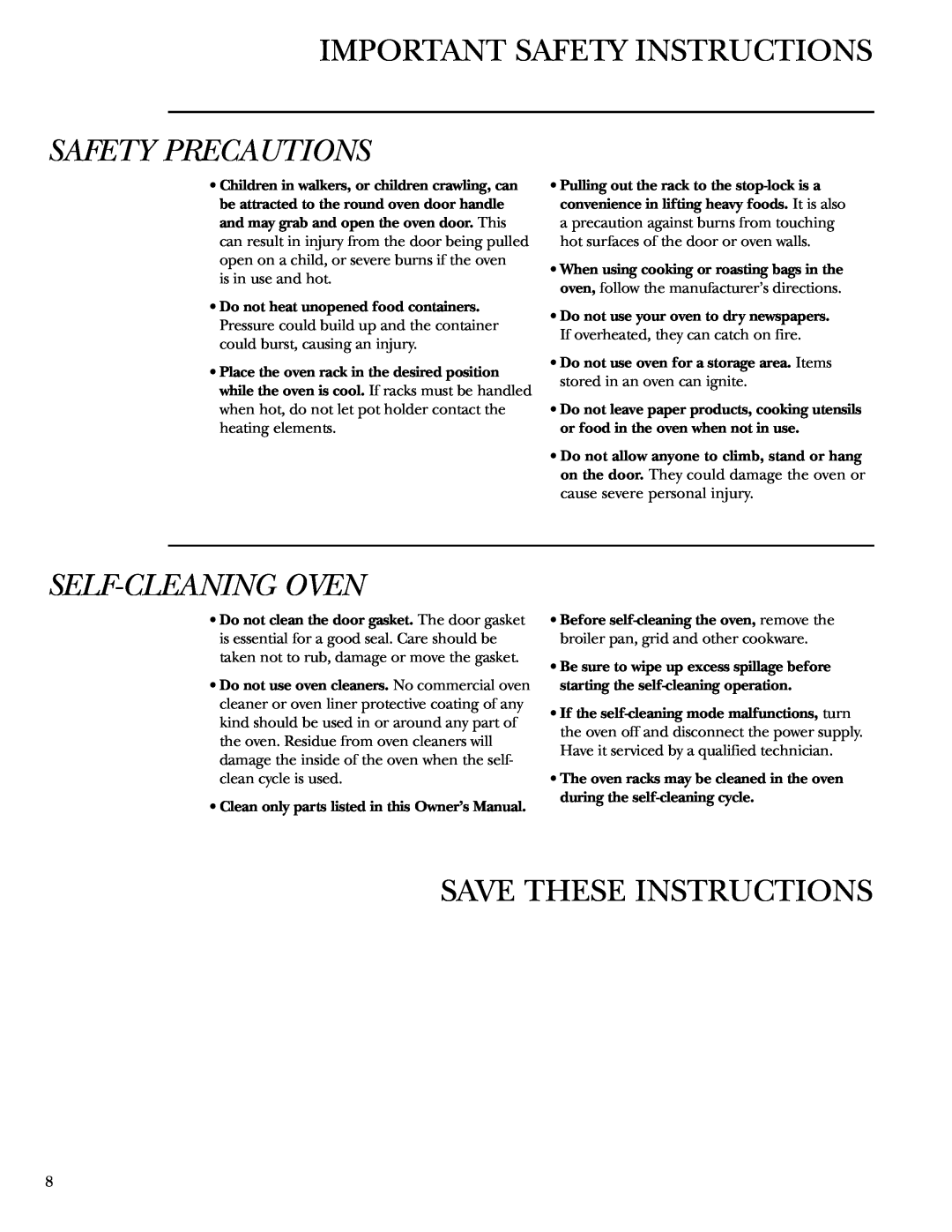 GE Monogram ZET1058 Self-Cleaning Oven, Save These Instructions, Important Safety Instructions, Safety Precautions 