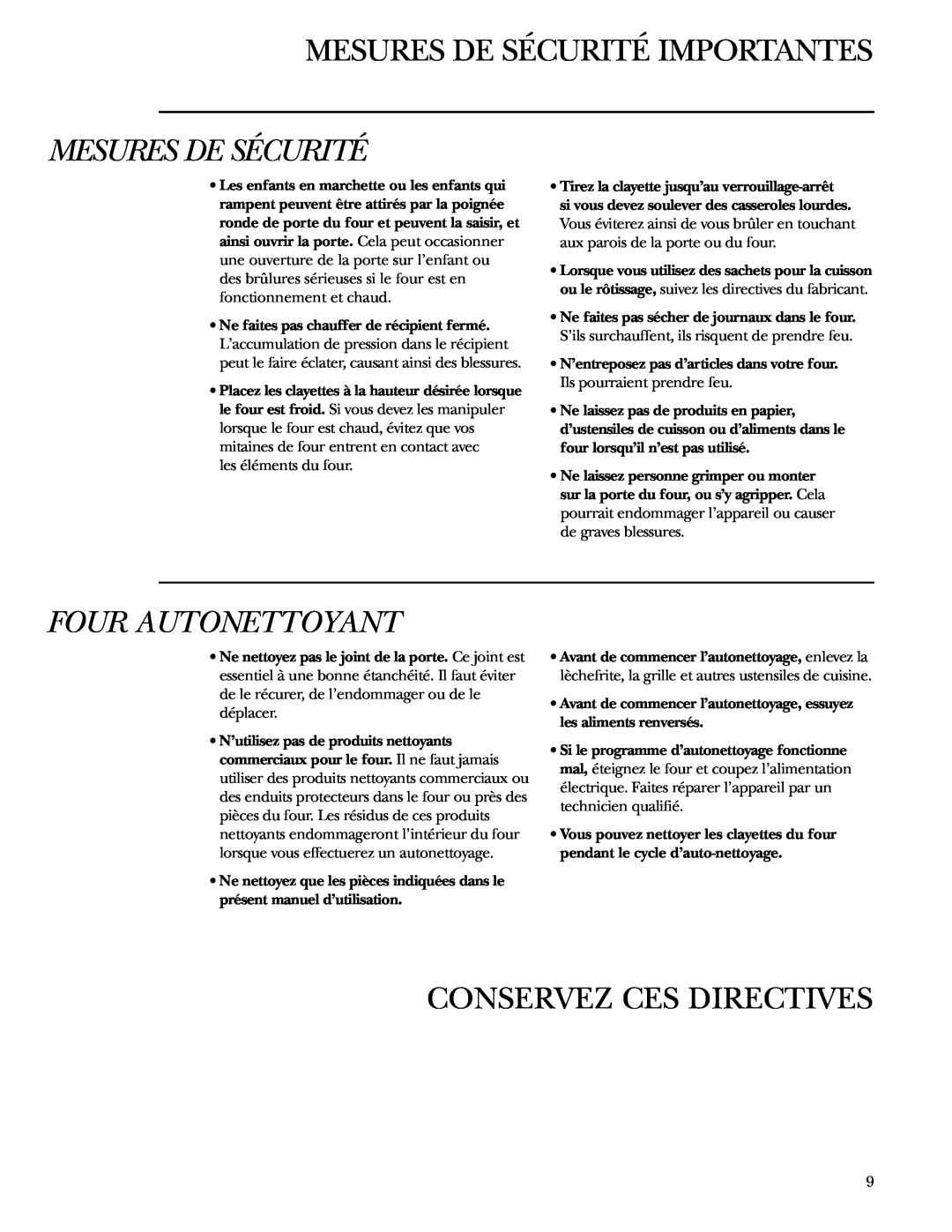 GE Monogram ZET1038, ZET1058 owner manual Four Autonettoyant, Conservez Ces Directives, Mesures De Sécurité Importantes 