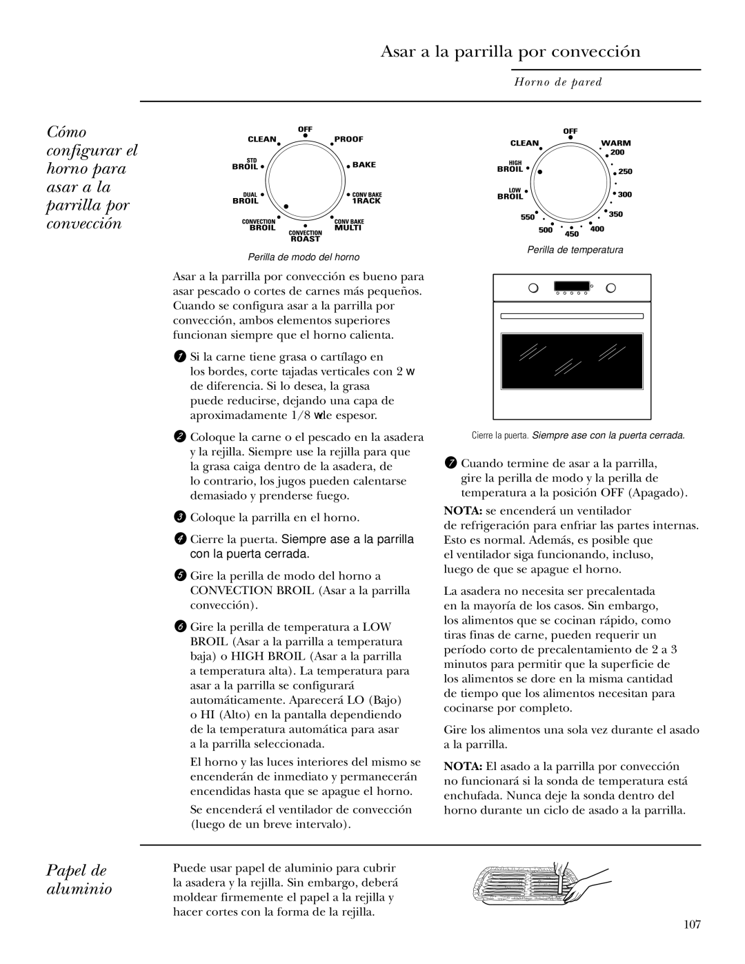 GE Monogram ZET2S, ZET1P, ZET2P, ZET1S owner manual Asar a la parrilla por convección, Papel de aluminio 