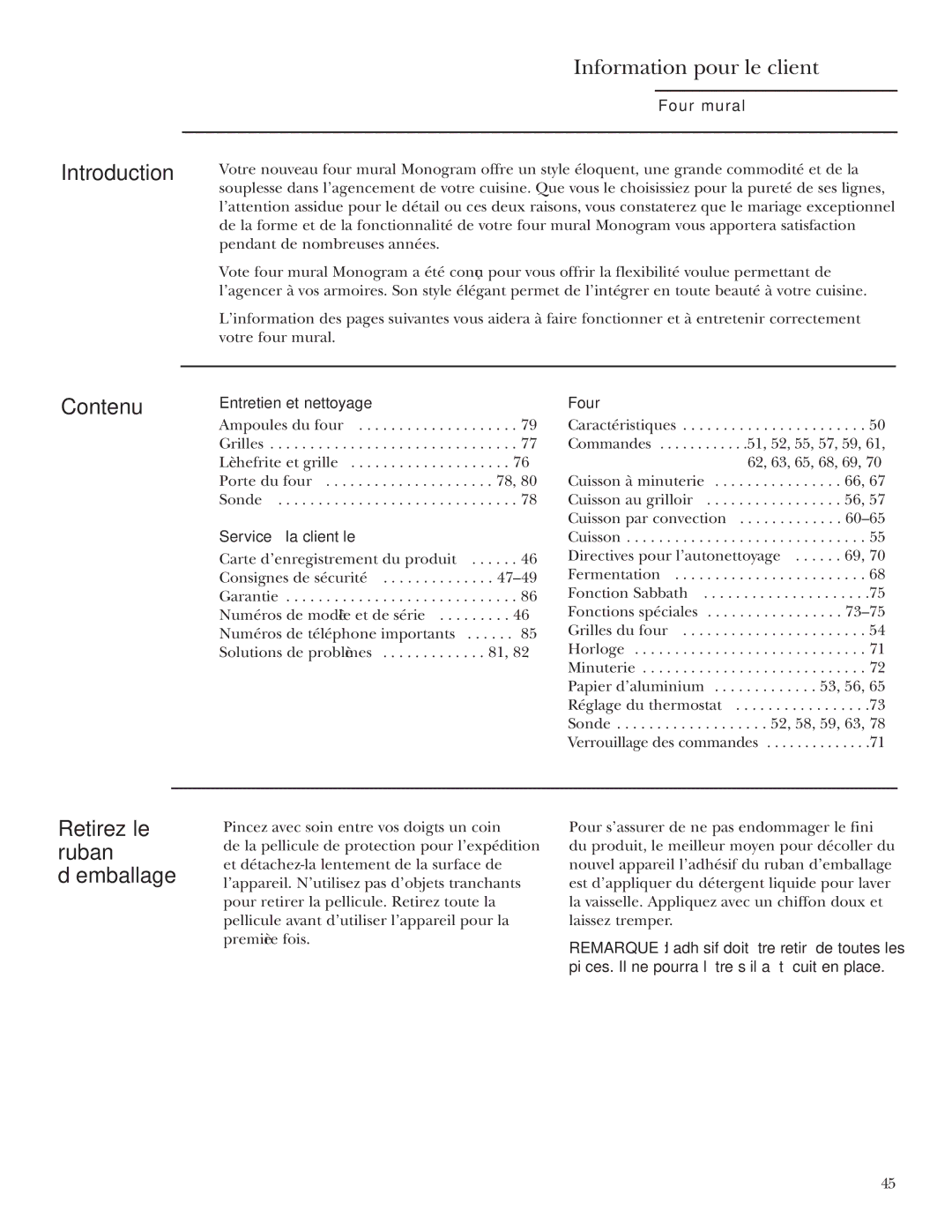 GE Monogram ZET2P, ZET1P, ZET1S, ZET2S owner manual Information pour le client, Contenu, Retirez le ruban d’emballage 