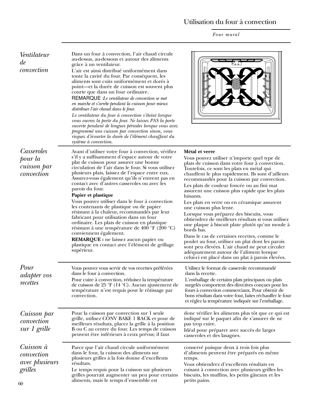 GE Monogram ZET1P Utilisation du four à convection, Casseroles pour la cuisson par convection, Pour adapter vos recettes 