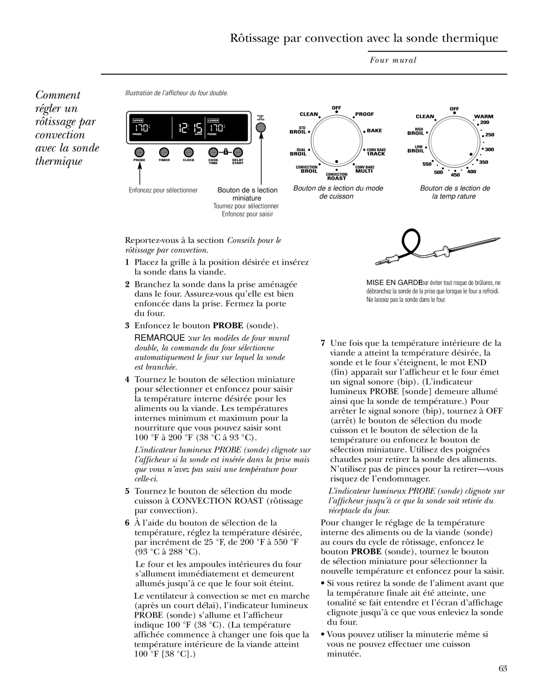 GE Monogram ZET2S, ZET1P, ZET2P, ZET1S Rôtissage par convection avec la sonde thermique, Enfoncez pour sélectionner 