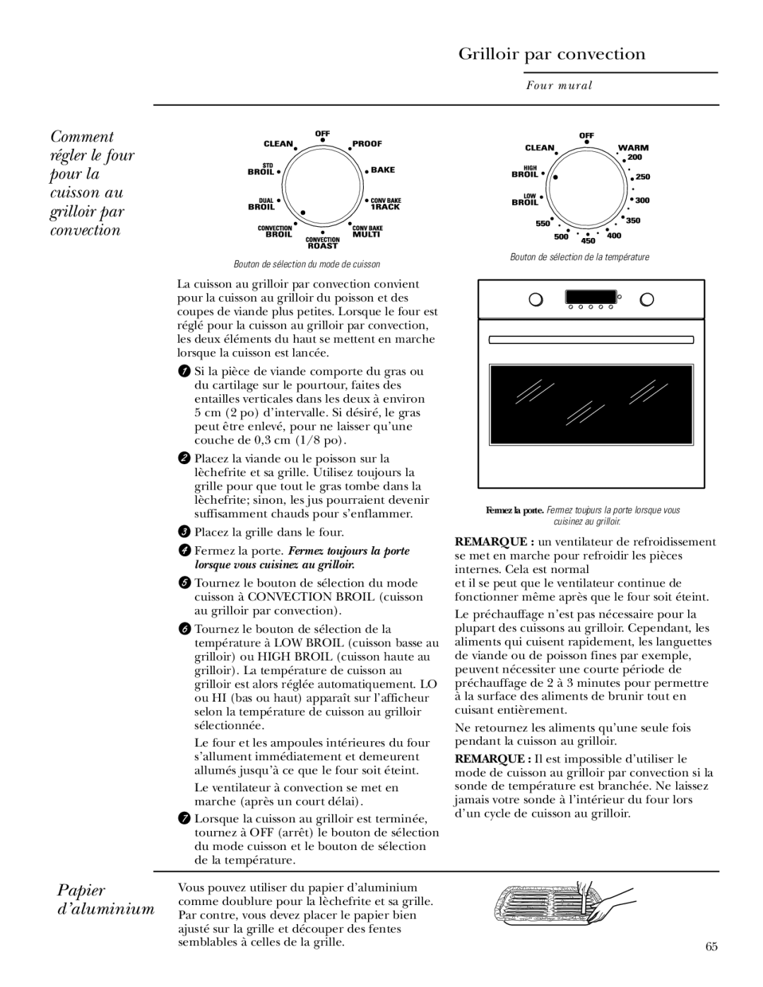 GE Monogram ZET2P, ZET1P, ZET1S, ZET2S owner manual Grilloir par convection, Papier d’aluminium 