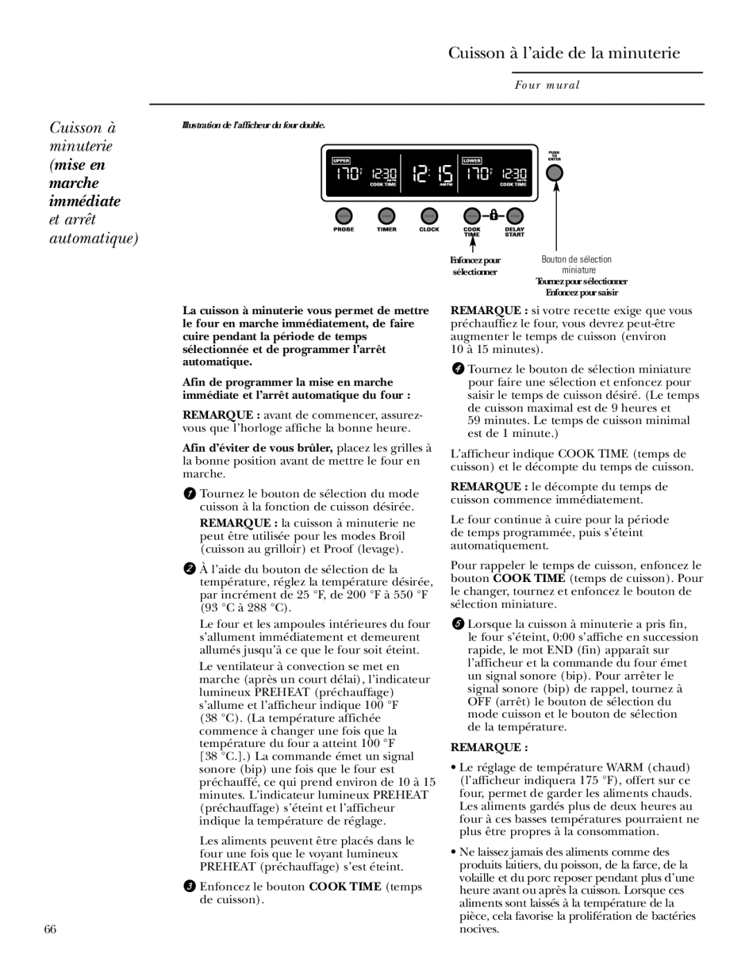 GE Monogram ZET1S, ZET1P, ZET2P, ZET2S owner manual Cuisson à l’aide de la minuterie, Remarque 