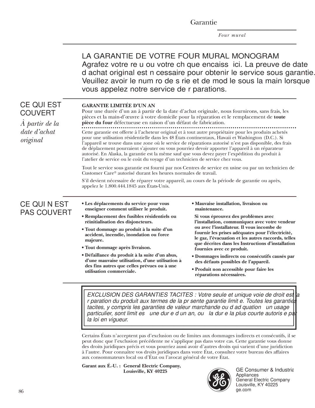 GE Monogram ZET1S, ZET1P, ZET2P Partir de la date d’achat original, Garantie, Garant aux É.-U. General Electric Company 