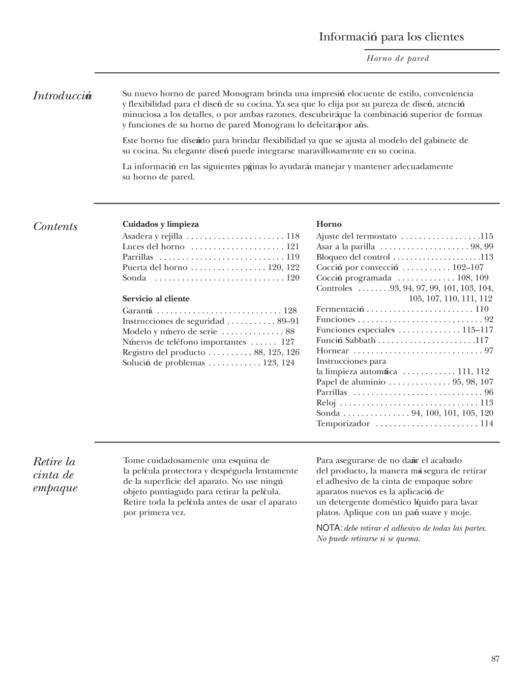 GE Monogram ZET2S, ZET1P, ZET2P, ZET1S owner manual Información para los clientes, Introducción, Retire la cinta de empaque 