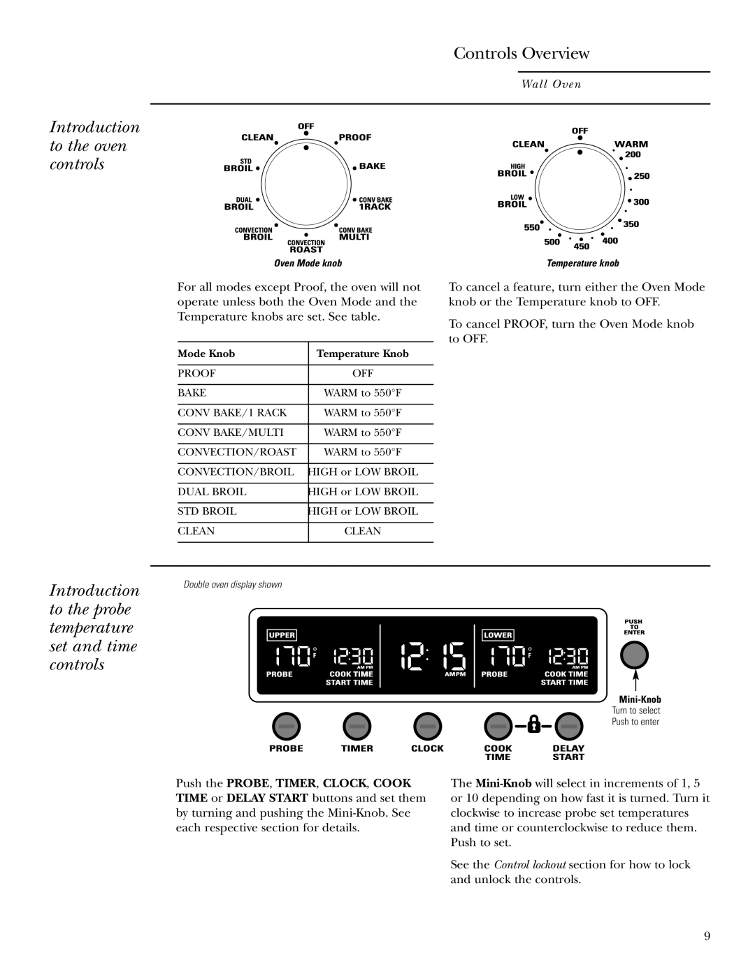 GE Monogram ZET2P, ZET1P, ZET1S Introduction to the oven controls, Controls Overview, Push the PROBE, TIMER, CLOCK, Cook 