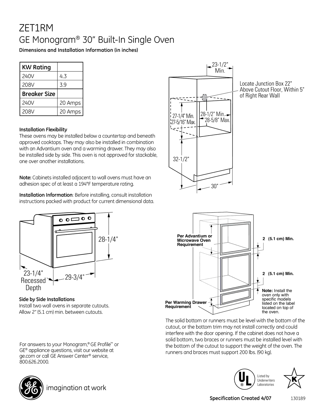 GE Monogram ZET1RM installation instructions Dimensions and Installation Information in inches, Installation Flexibility 