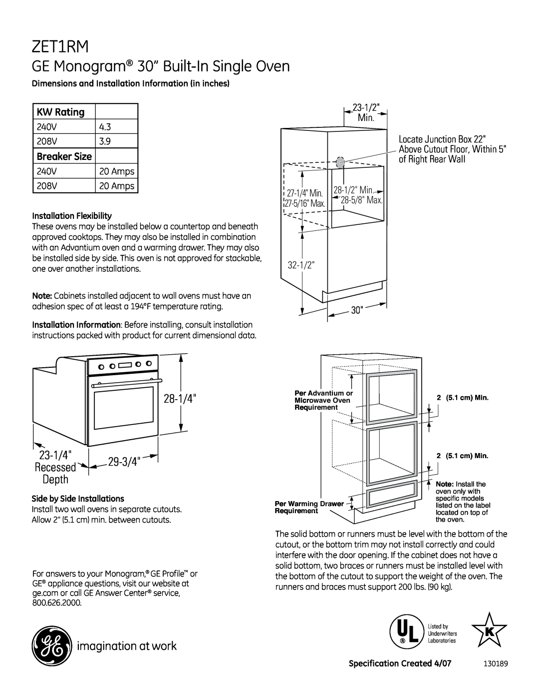 GE Monogram ZET1RM installation instructions GE Monogram 30” Built-In Single Oven, 28-1/4 23-1/4 29-3/4 Recessed Depth 