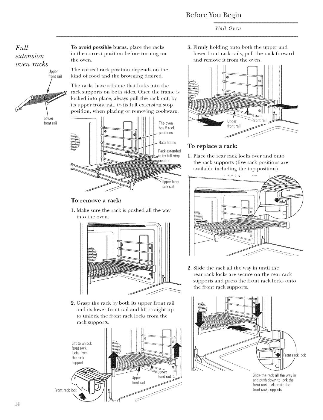 GE Monogram ZET2, ZET1 manual Before You Begin, Extension, To remove a rack, Ouen YIgs 