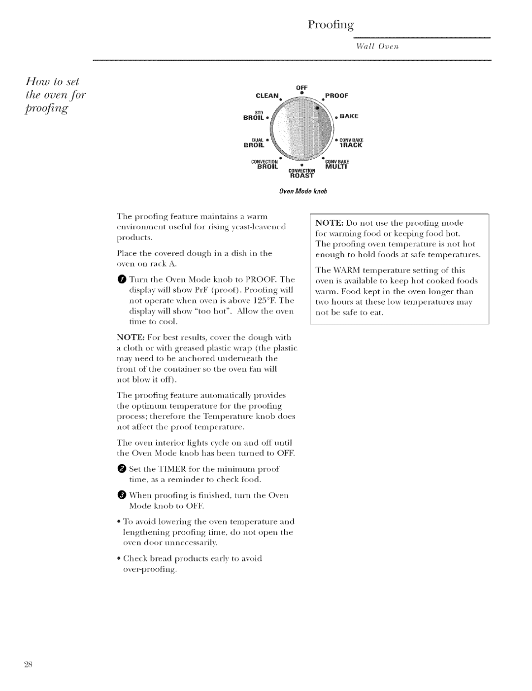 GE Monogram ZET2, ZET1 manual Proofing, How to set Oven fbr 