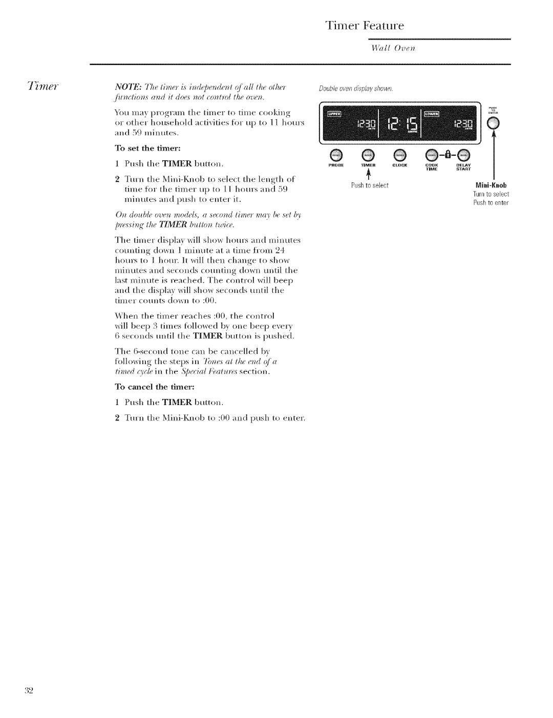 GE Monogram ZET2, ZET1 manual Timer Feature, To cancel the timer Push tile Timer button 