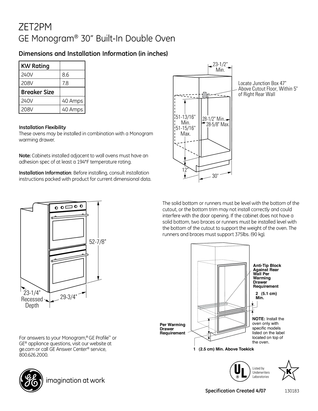 GE Monogram ZET2PM dimensions GE Monogram 30 Built-In Double Oven, Dimensions and Installation Information in inches 