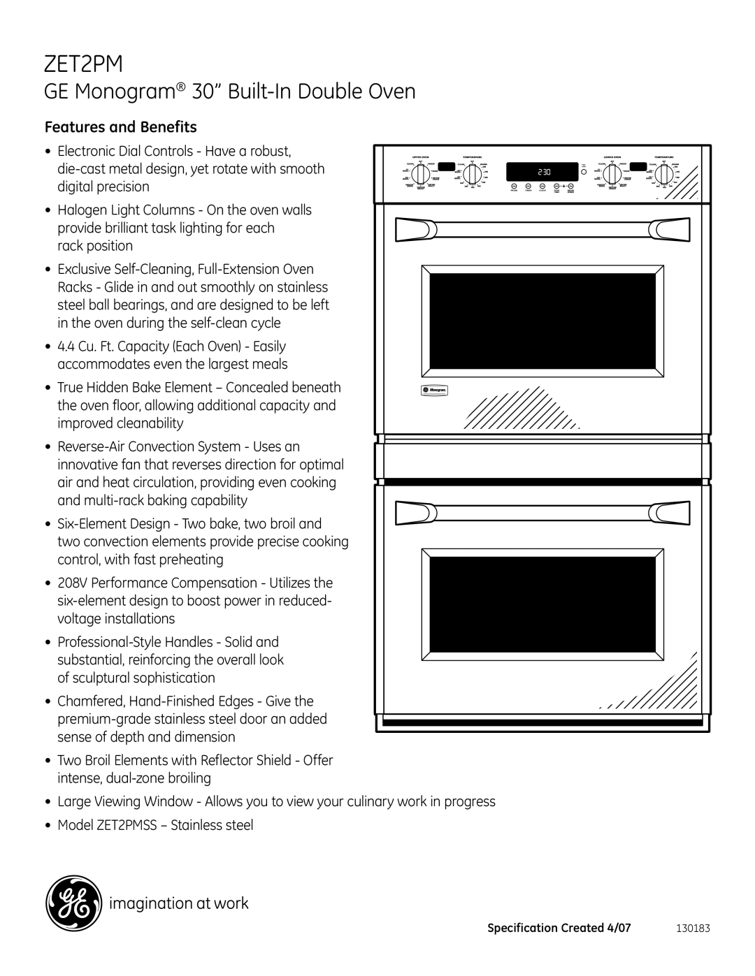 GE Monogram ZET2PM dimensions Features and Benefits 