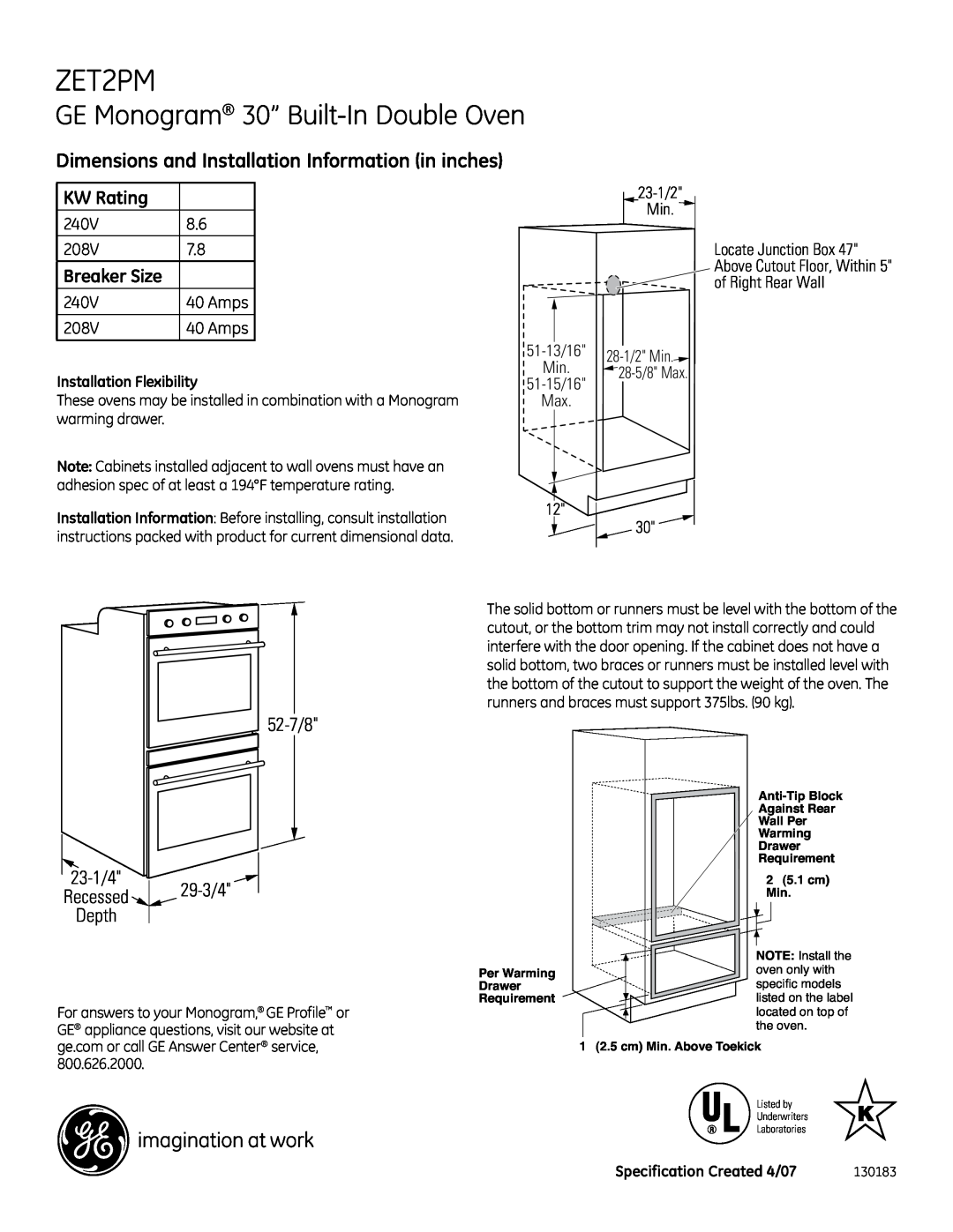 GE Monogram ZET2PM dimensions GE Monogram 30” Built-InDouble Oven, Dimensions and Installation Information in inches, 240V 