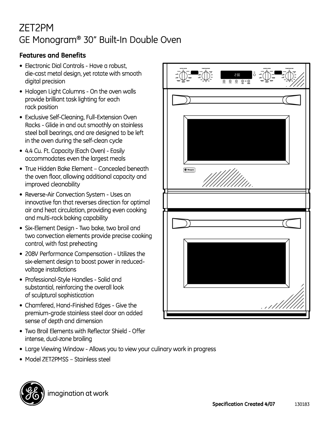 GE Monogram ZET2PM dimensions Features and Benefits, GE Monogram 30” Built-InDouble Oven 
