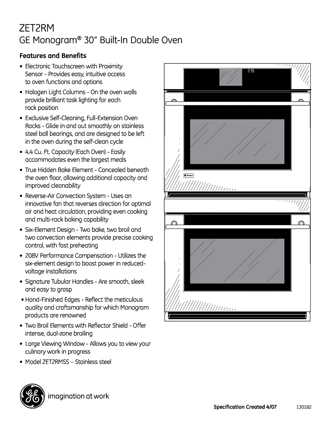 GE Monogram ZET2RM dimensions Features and Benefits, GE Monogram 30” Built-In Double Oven 