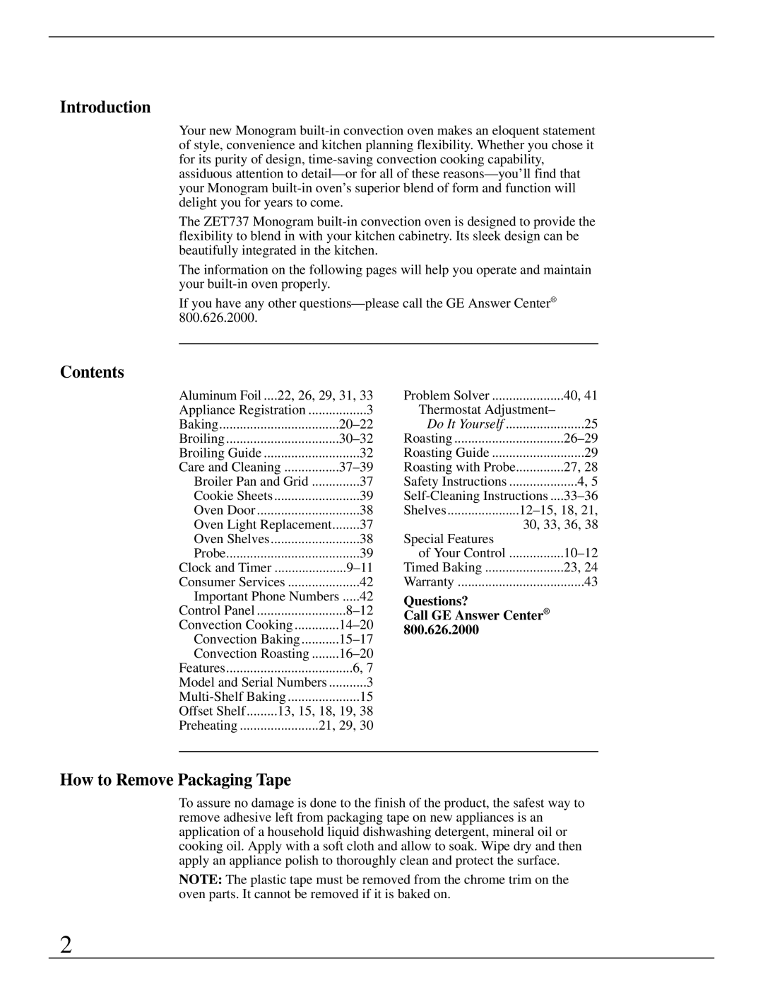 GE Monogram ZET737 manual Introduction, Contents, How to Remove Packaging Tape 