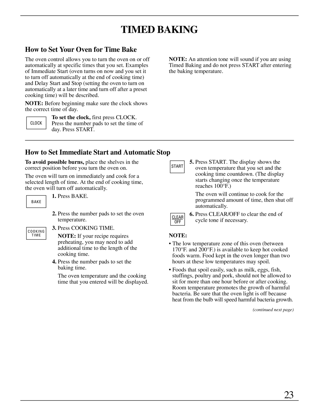GE Monogram ZET737 manual Timed Baking, How to Set Your Oven for Time Bake, How to Set Immediate Start and Automatic Stop 