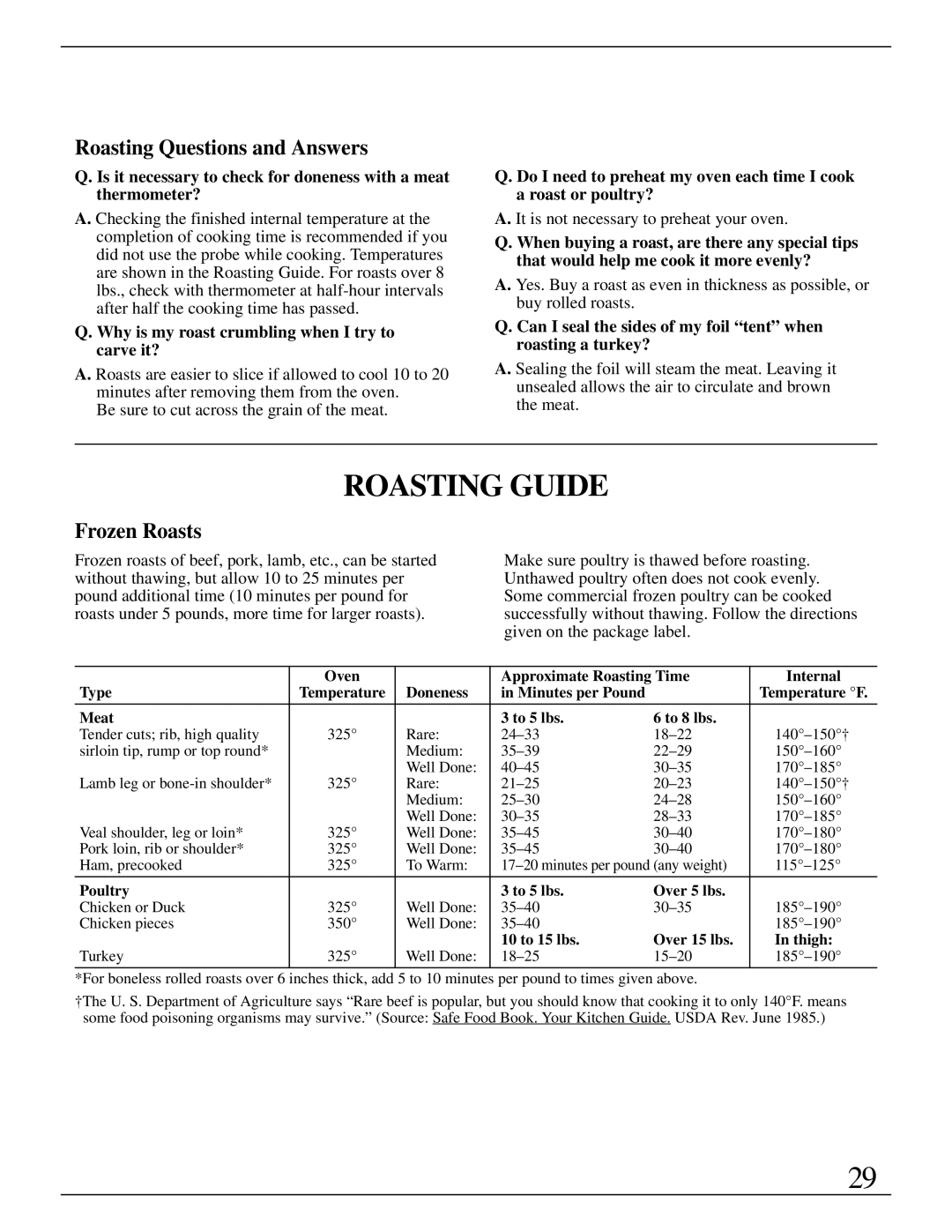 GE Monogram ZET737 manual Roasting Guide, Roasting Questions and Answers, Frozen Roasts 