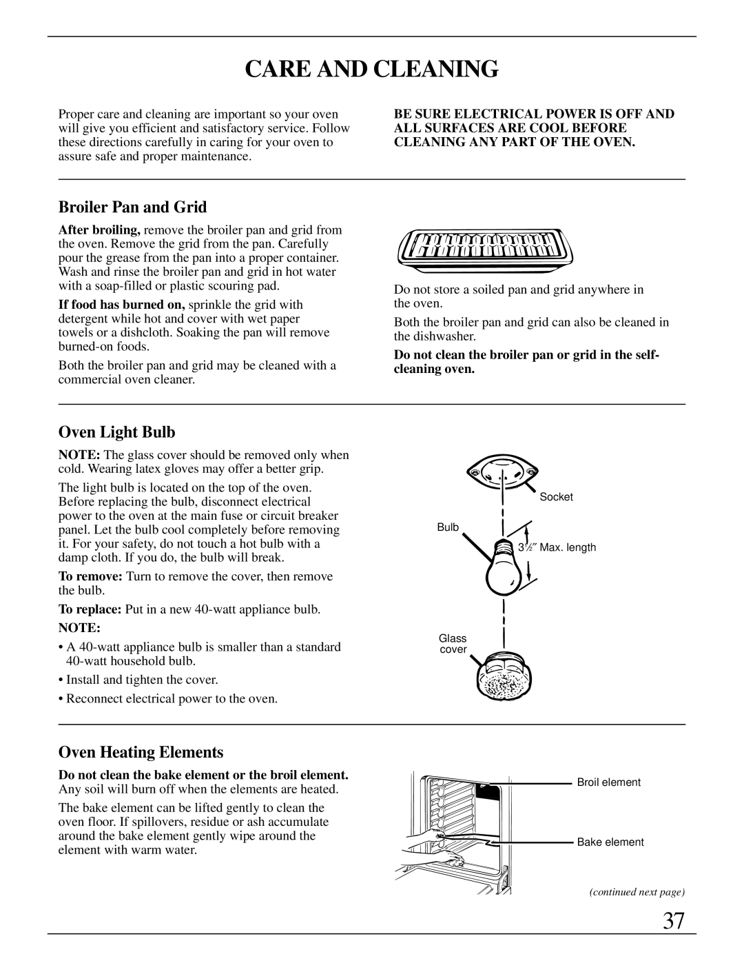 GE Monogram ZET737 manual Care and Cleaning, Broiler Pan and Grid, Oven Light Bulb, Oven Heating Elements 