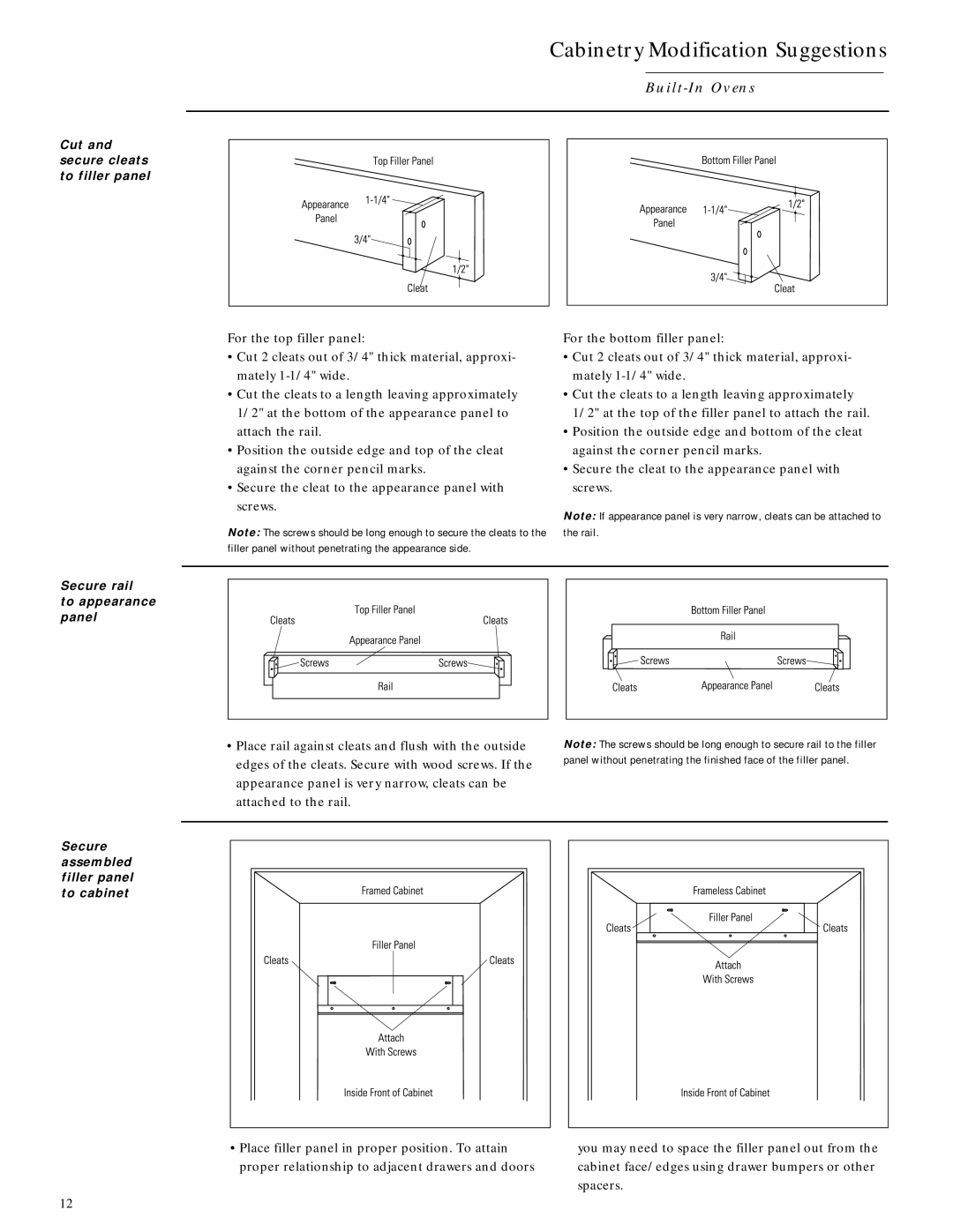 GE Monogram ZET737WW, ZET757WW, ZET757BW, ZET737BW Cut and secure cleats to filler panel, Secure rail To appearance panel 