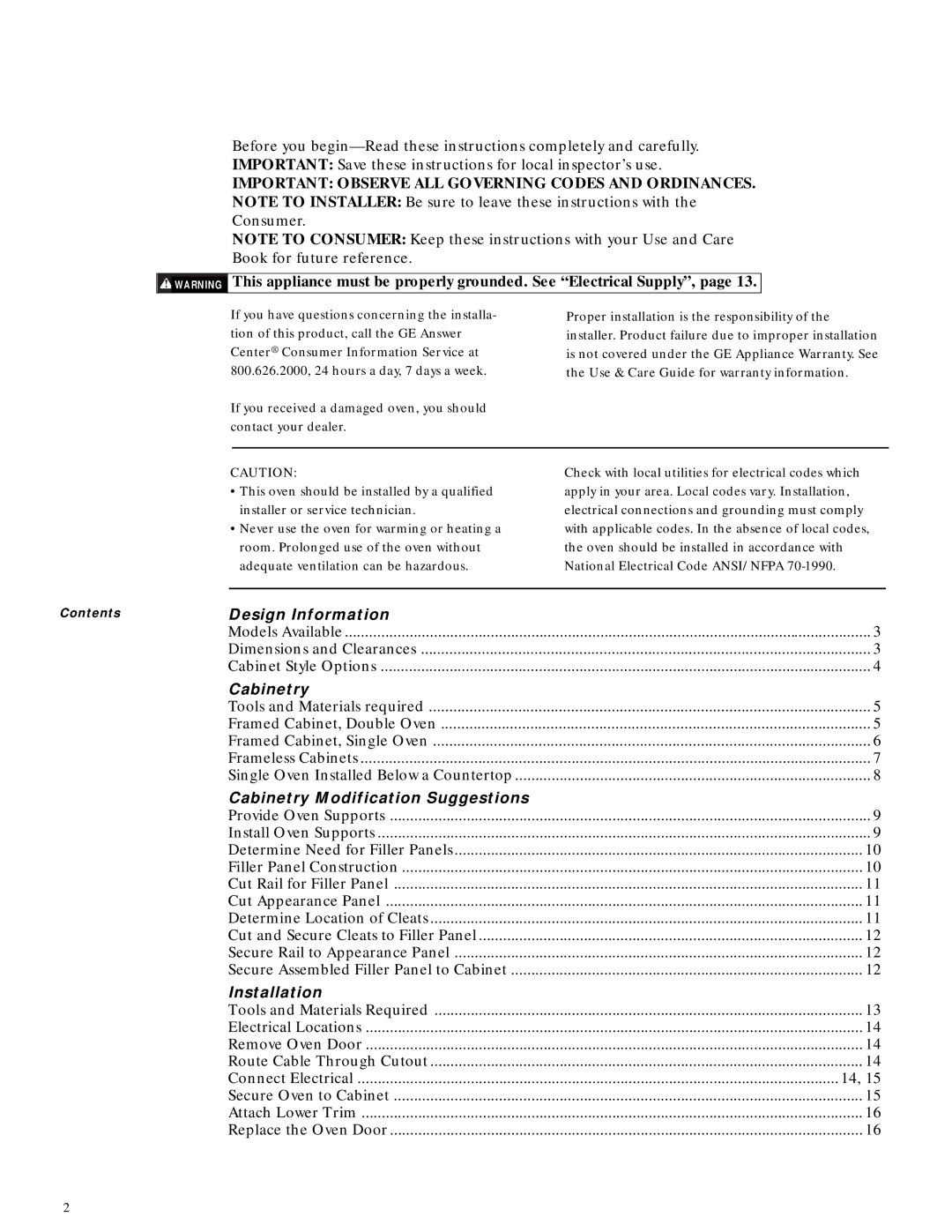 GE Monogram ZET757BW, ZET737WW, ZET757WW, ZET737BW Important Observe ALL Governing Codes and Ordinances, Contents 