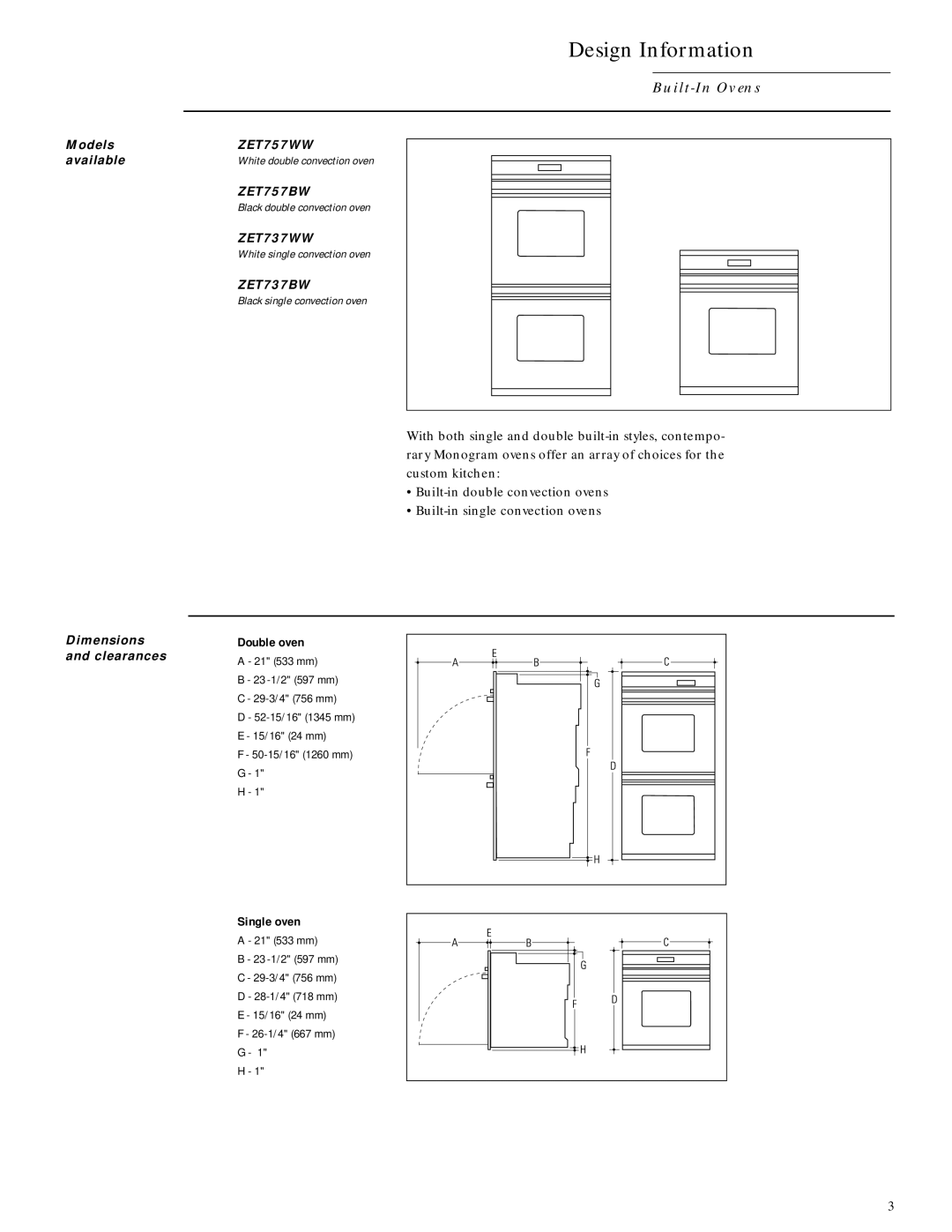 GE Monogram ZET737BW, ZET737WW, ZET757WW, ZET757BW Design Information, Models, Available, Dimensions and clearances 