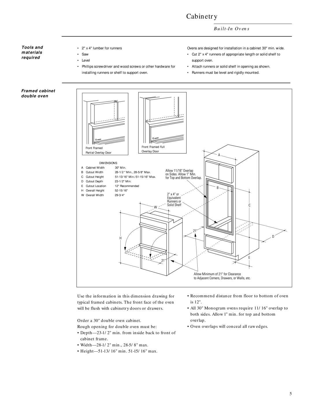 GE Monogram ZET757WW, ZET737WW, ZET757BW, ZET737BW Cabinetry, Tools and materials required Framed cabinet double oven 