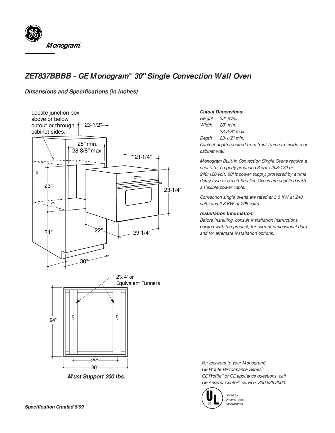 GE Monogram dimensions ZET837BBBB GE Monogram 30 Single Convection Wall Oven, Dimensions and Specifications in inches 