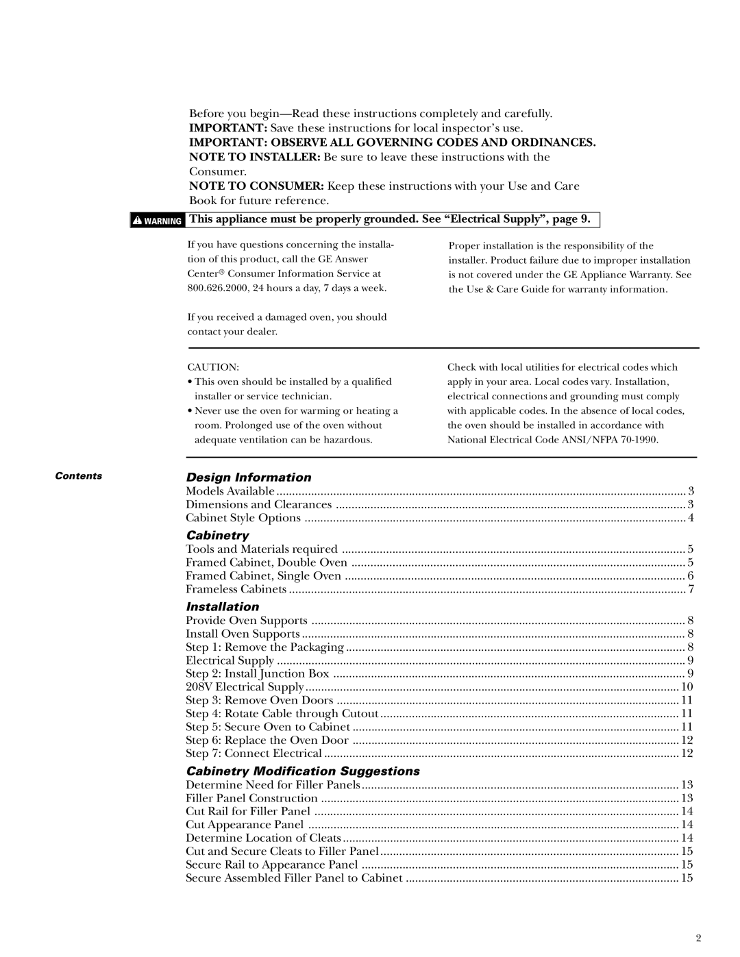 GE Monogram ZET857SYSS, ZET837SYSS, ZET837DYSB, ZET837WYWW Important Observe ALL Governing Codes and Ordinances, Contents 