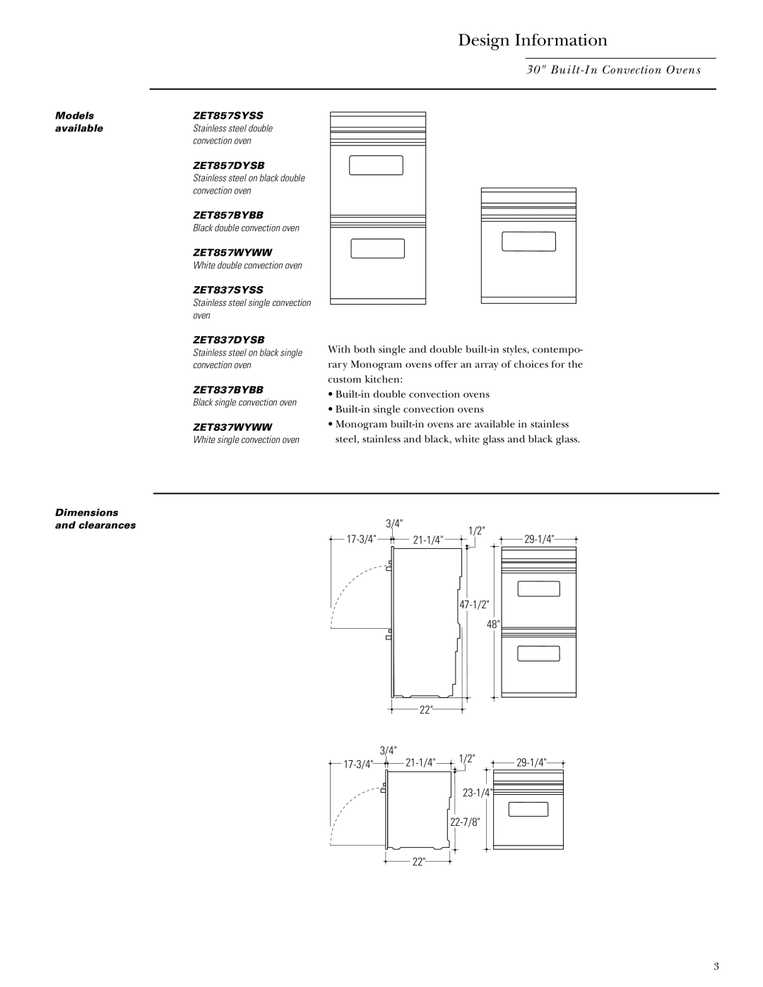 GE Monogram ZET837WYWW, ZET837SYSS, ZET837DYSB, ZET857SYSS Design Information, 47-1/2 17-3/4 21-1/4 1/2 23-1/4 22-7/8 29-1/4 