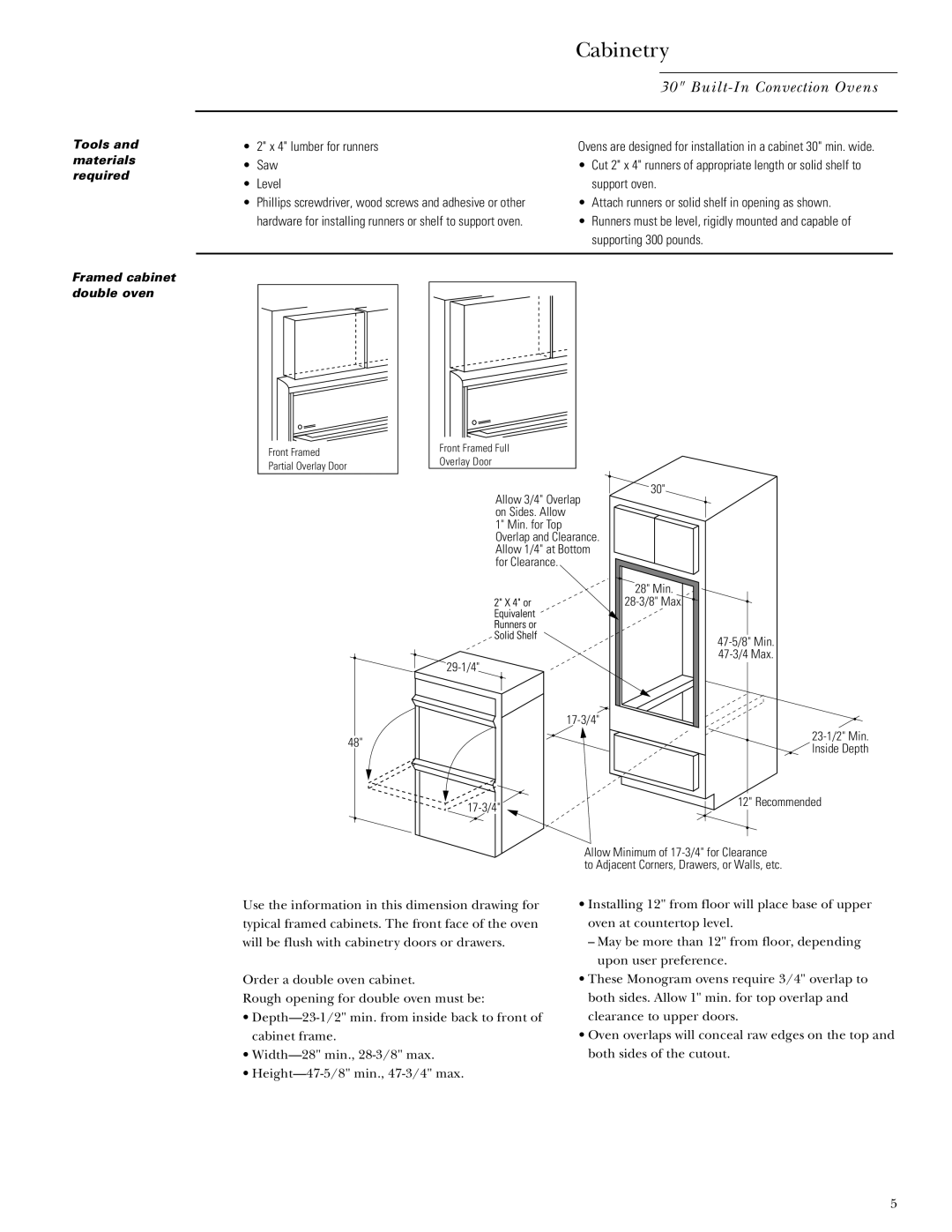 GE Monogram ZET857WYWW, ZET837SYSS, ZET837DYSB Cabinetry, Tools and materials required, Framed cabinet double oven 