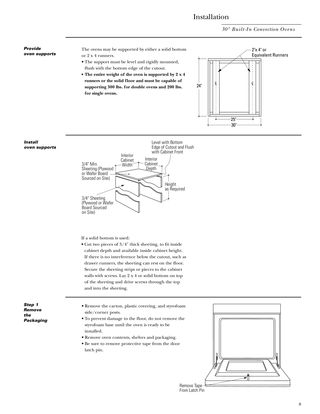 GE Monogram ZET837SYSS, ZET837DYSB Installation, Interior Cabinet Min. Width Sheeting Plywood, Level with Bottom 