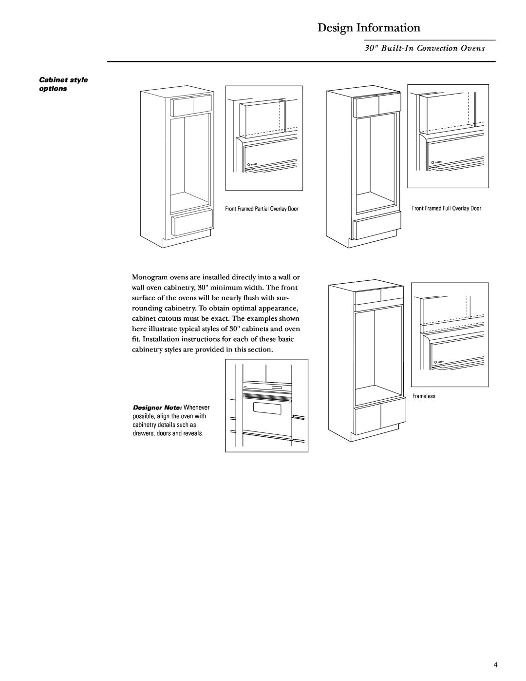 GE Monogram ZET837BYBB Design Information, Built-In Convection Ovens, Cabinet style options, Designer Note Whenever 