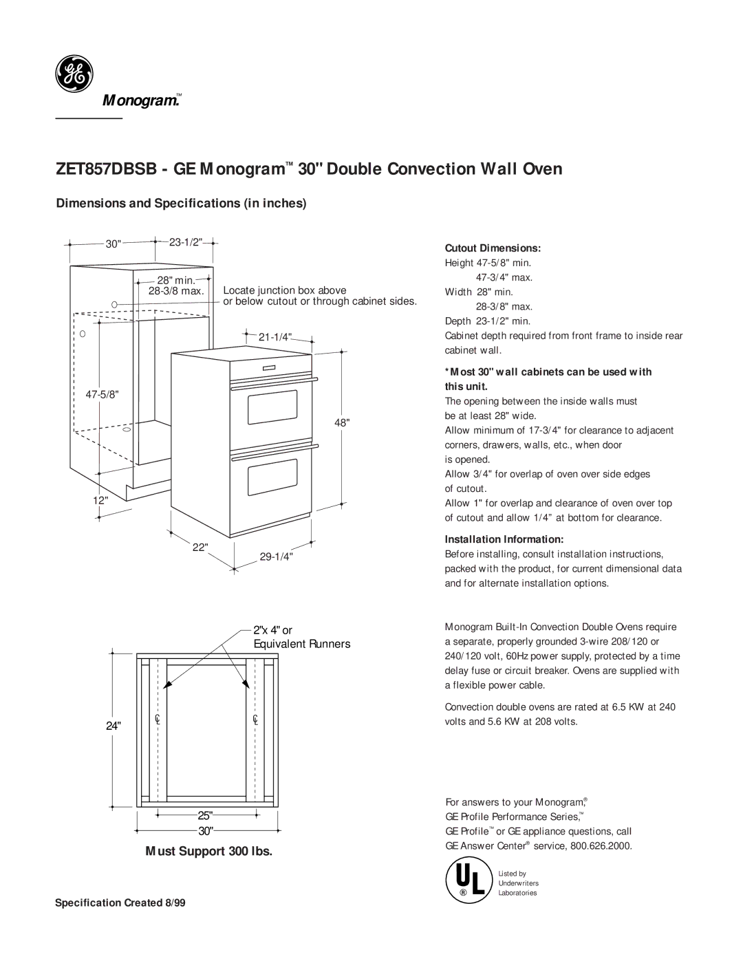 GE Monogram dimensions ZET857DBSB GE Monogram 30 Double Convection Wall Oven, Dimensions and Specifications in inches 