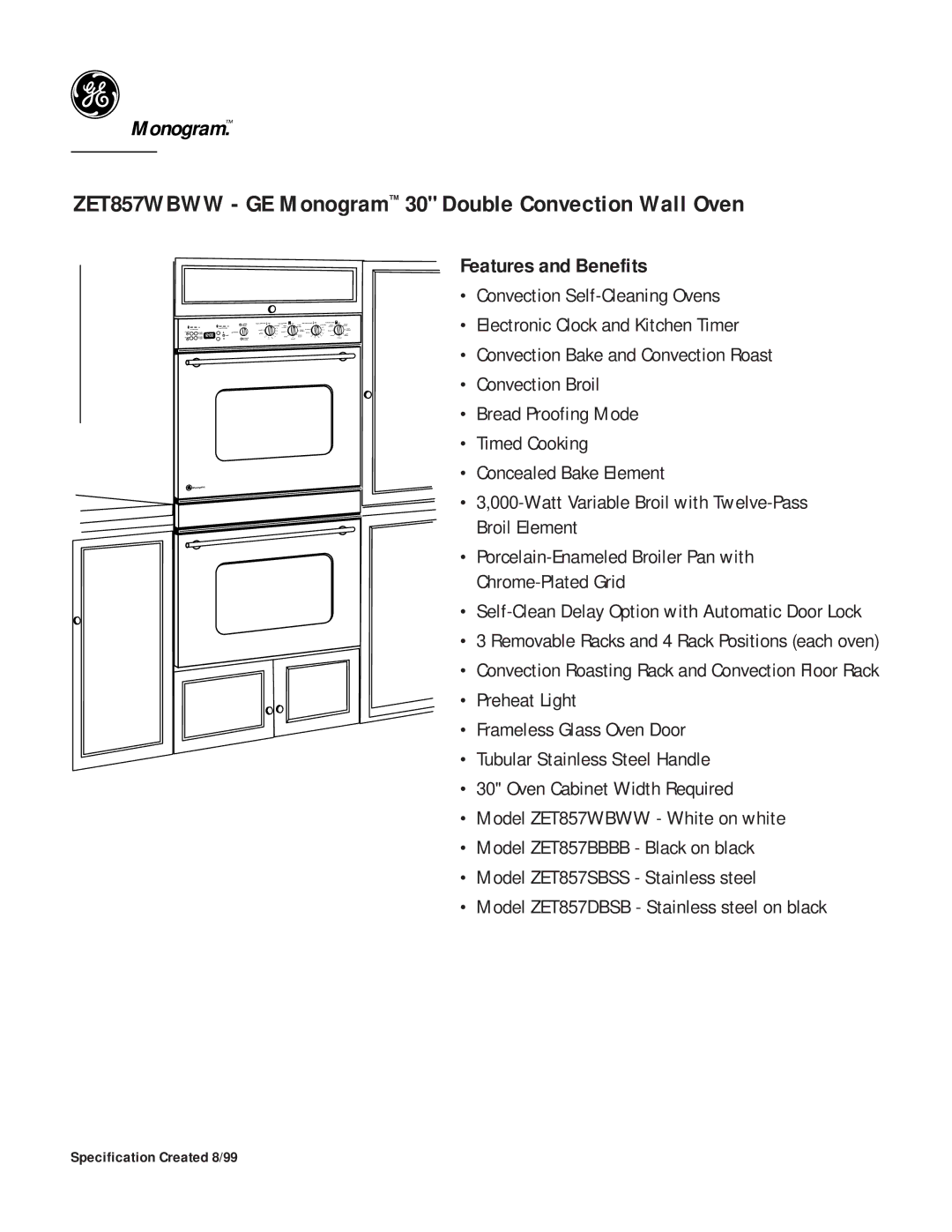 GE Monogram ZET857WBWW dimensions Features and Benefits 