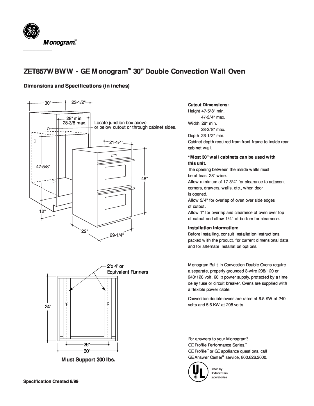 GE Monogram dimensions ZET857WBWW - GE Monogram 30 Double Convection Wall Oven, Dimensions and Specifications in inches 