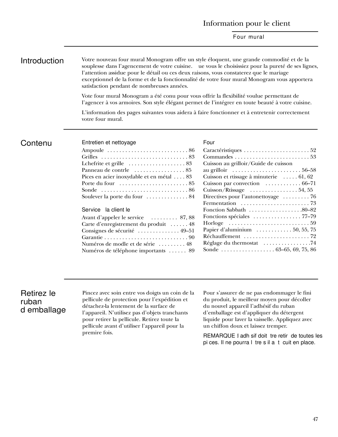 GE Monogram ZEK938, ZET958, ZET938, ZEK958 owner manual Information pour le client, Contenu, Retirez le ruban d’emballage 