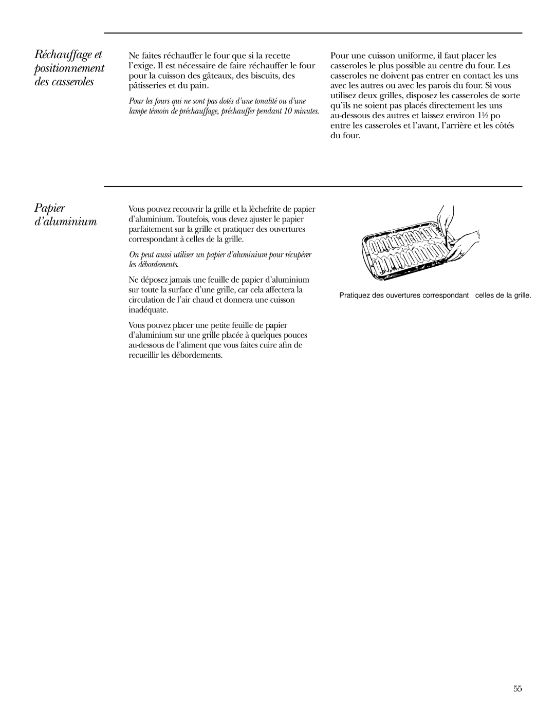 GE Monogram ZEK938, ZET958, ZET938, ZEK958 owner manual Papier d’aluminium, Réchauffage et positionnement des casseroles 