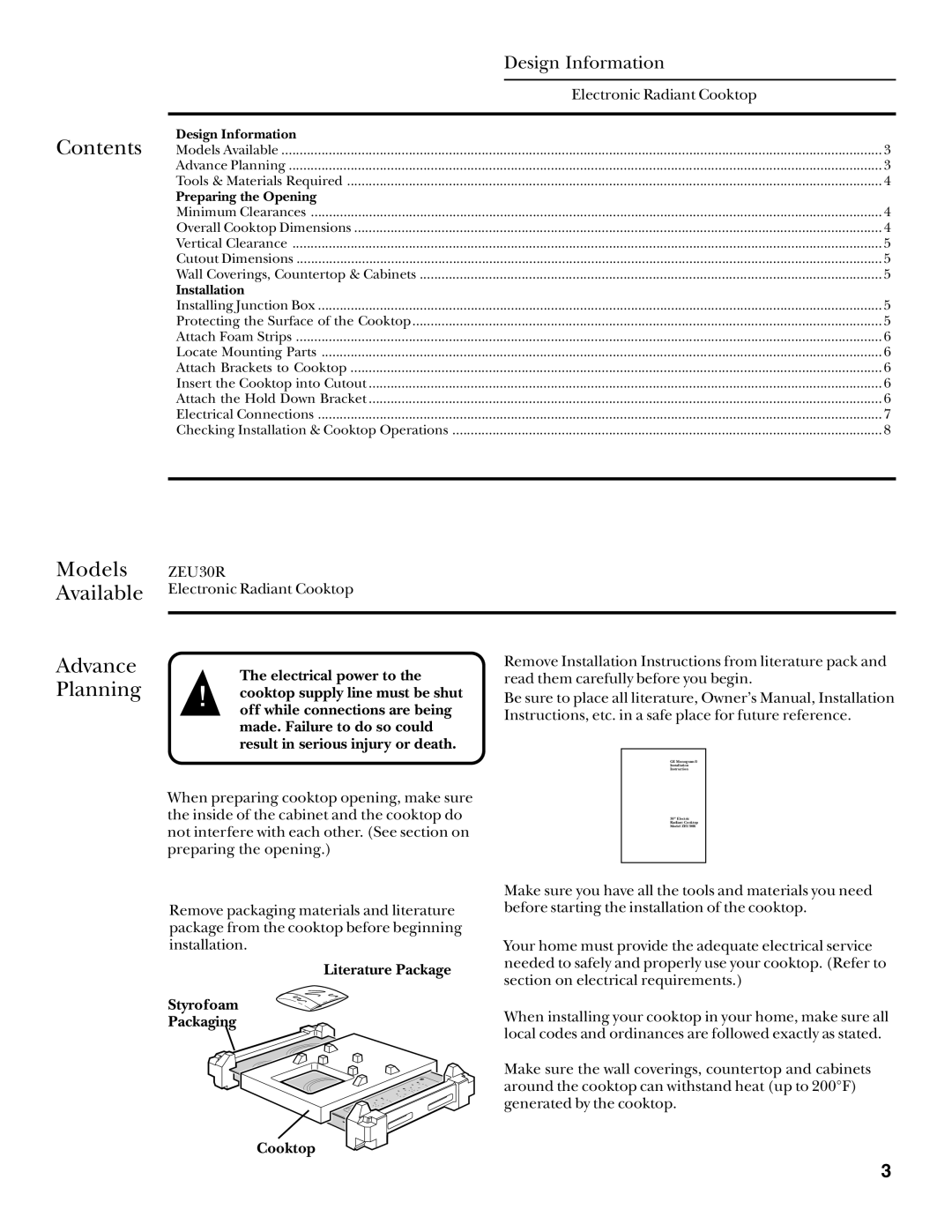 GE Monogram ZEU30R installation instructions Contents, Models Available, Advance Planning 